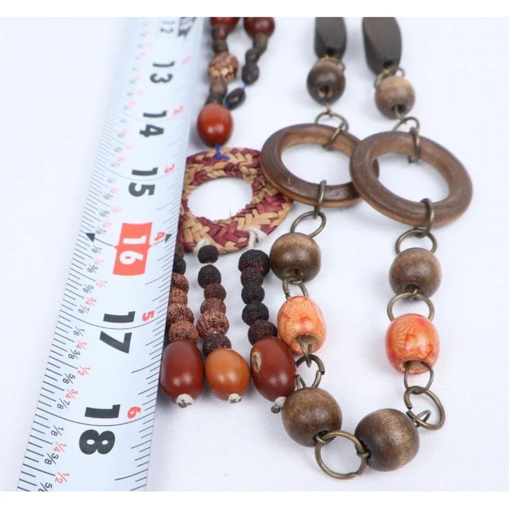 VTG Boho Ethnic Tribal Long Wood‎ Beaded Necklaces (6) Earth Tones